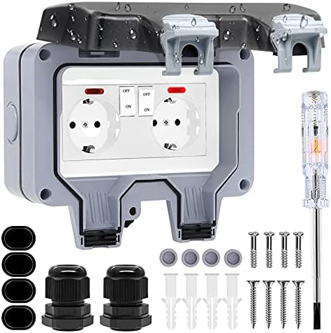 Gniazdko Zewnętrzne IP66 Wodoszczelne Gniazdko z Przełącznikiem, lampka kontrolna, gniazdko ścienne, do pomieszczeń wilgotnych, natynkowe, zestyk ochronny, gniazdko ogrodowe, pyłoszczelne, odporne na warunki atmosferyczne,