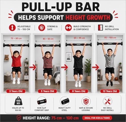 Image of Kidsmate Hanging Rod and Pull Up Bar for Kids | Exercise Rod for Kids & Adults | 100 Kg Capacity | Stretching Bar for Growth, Posture & Exercise | No Drill Installation with Safety Lock - Black