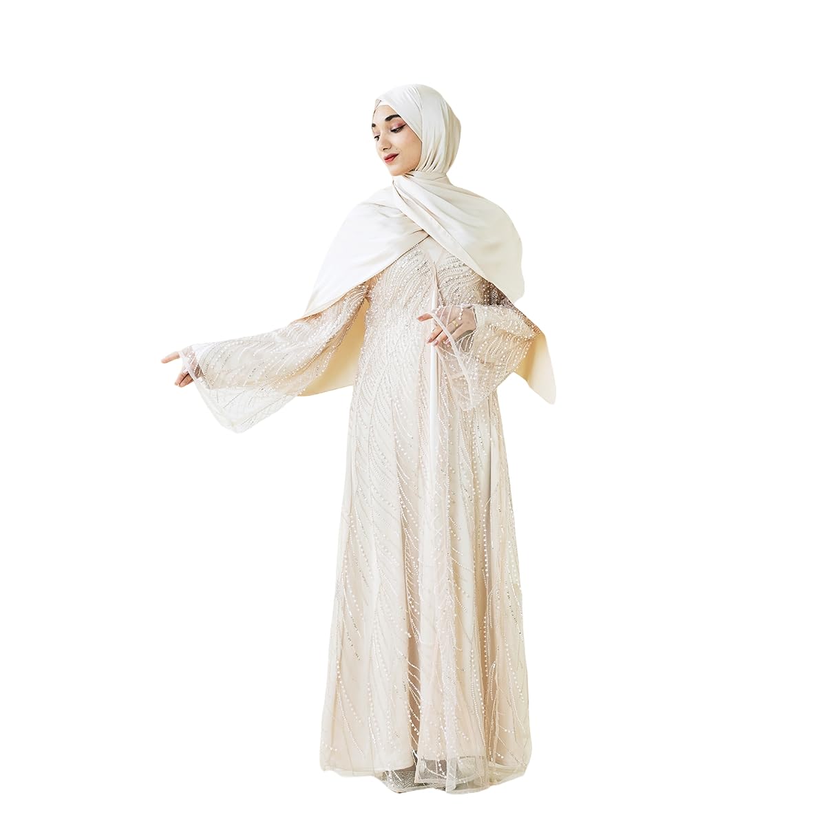 Elegant 3PCS Abaya Set with Beaded Lace Kaftan & Hijab for Women Islamic Modest Dress for Wedding Eid Party