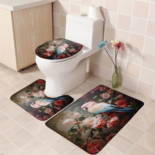 3PCS Bird Bath Mat Set Tropical Jungle Parrot on The Branch Pink Floral Green Leaves Natural Landscape Bathroom Kitchen Floor Mat Doormat,Toilet Lid Cover and Bath Mat Microfiber Home Decoration Rug