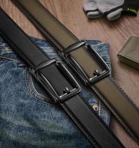 Image of BULLIANT Men Ratchet Belt 2 Pack, Click Sliding Leather Belt Adjustable for Gift Men Dress Casual Jeans 1 3 /8,Cut for Fit