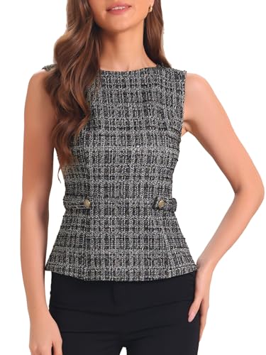 Allegra K Tweed Top for Women's Elegant Plaid Print Sleeveless Crew Neck Waist Buckle Back Zipper Blazer Vest Tops