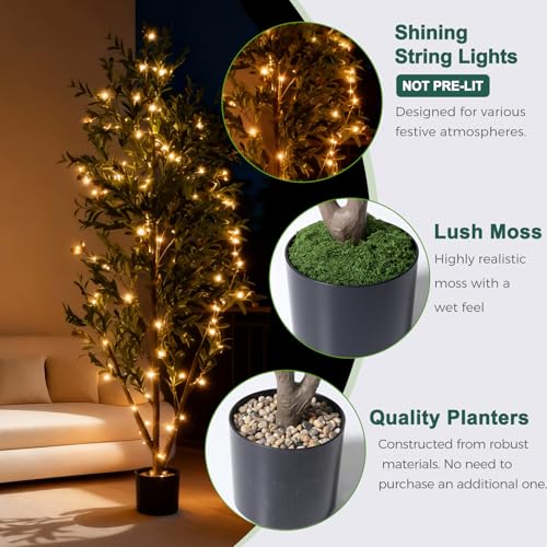 Olive Trees Artificial Indoor, 5FT Tall Faux Olive Tree with Lights Moss and Planter, Artificial Plants Indoor with Natural Wood Trunk and Lifelike Fruits, Fake Tree for Home Office Living Room Decor - Image 7