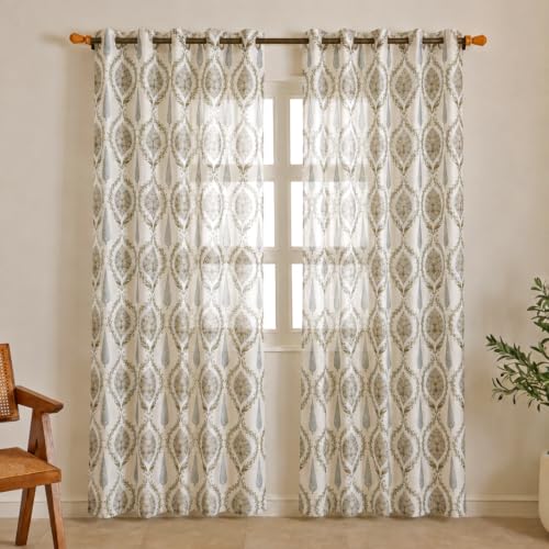 Image of Clasiko Cotton Sheer Curtain Set of 2 | 54x60 Inch /5 Feet | Aqua Sage