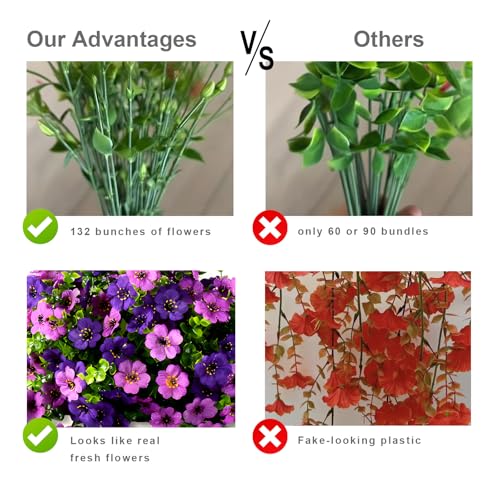 Meitrio Artificial Hanging Flowers Plants for Outdoors, 2 PCS UV Resistant Faux Silk Daisy(132 Branches Per Bundle), Home Garden Balcony Yard Porch Decor(Double Purple) — view 3
