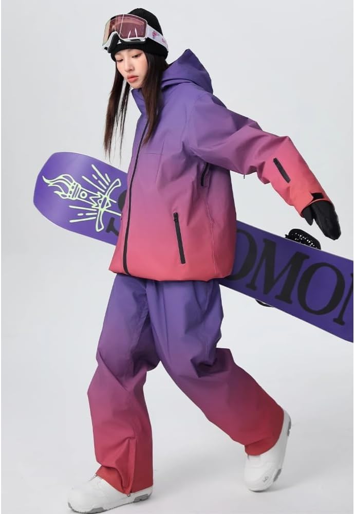 Gradient Color Snowboard Suits Men Women Insulated Baggy Hooded Snow Jackets & Pants Set Waterproof Skiing Suits