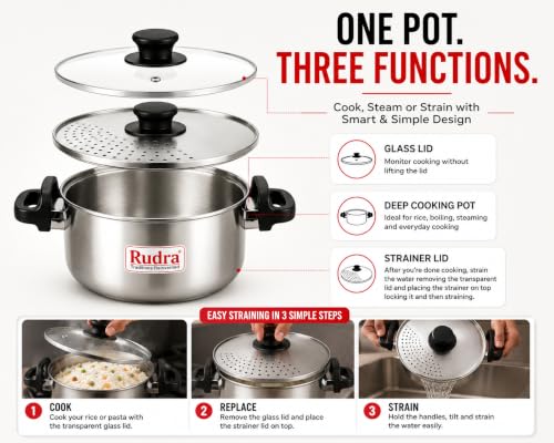 Image of RUDRA Stainless Steel Rice Cooker & Steamer with Glass Lid & Strainer Lid | Induction Base | Clip Lock Handles | Multipurpose Cooking Pot for Rice, Pasta, Vegetables, Noodles