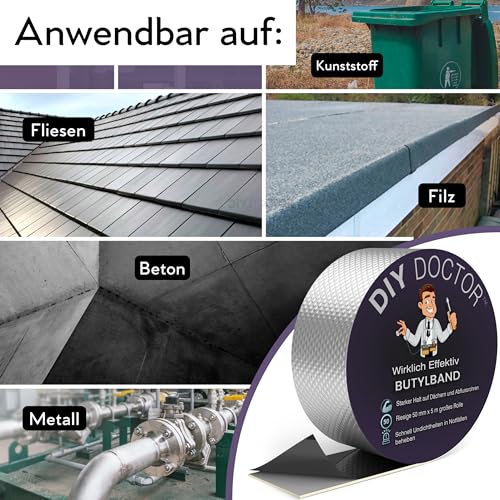 DIY Doctor Butylband – 50mm x 5m – Aluminium Wasserdichtes Reparaturband für Dachlecks – Robustes Outdoor-Dichtungsband