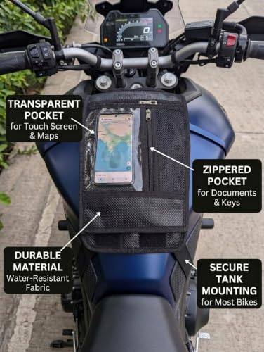 Image of Universal Tank Cover with Mobile Pouch | Waterproof Fuel Tank Cover Suitable for All Motorcycles (Splendor, Shine, Sp 125, Pulsar, HF Deluxe, Glamour, Passion Pro, TVS Raider, CT100, Platina) | Black