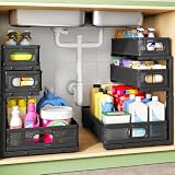 Kitstorack Under Sink Organizer, 2-Pack 3-Tier Height Adjustable Thickened Metal Pull Out Cabinet Organizer Shelf, Slide Out Storage Drawer Rack for Bathroom Kitchen Pantry Home Organization, Black