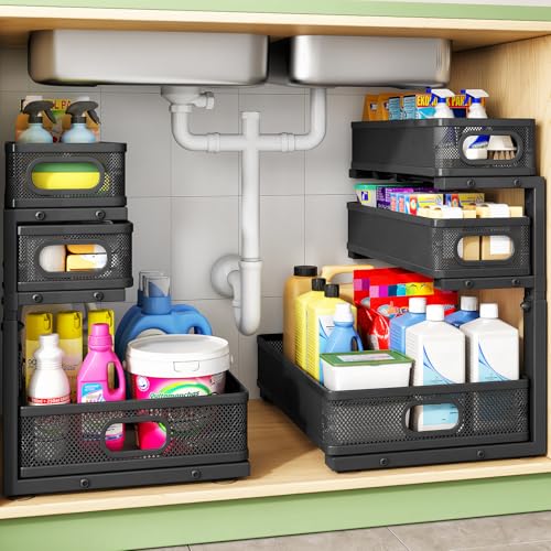 Image of Kitstorack Under Sink Organizer, 2-Pack 3-Tier Height Adjustable Thickened Metal Pull out Cabinet Organizer Shelf, Slide out Storage Drawer Rack for Bathroom Kitchen Pantry Home Laundry Organization