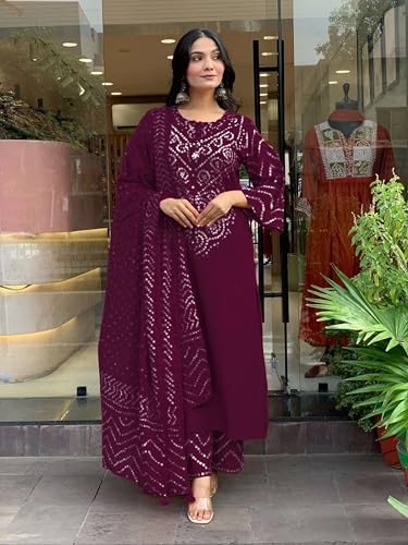 Image of GoSriKi Kurta Sets for Women Rayon Viscose Bandhani Printed | Kurti Set for Woman | Kurta Pant Dupatta Set | Straight Kurti | Round Neck 3 /4 Sleeve Suit Set for Women Stylish Ethnic Outfit