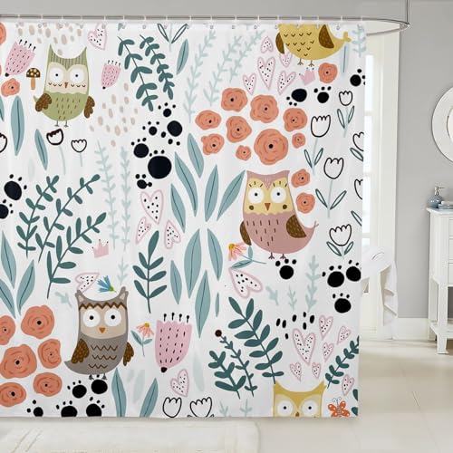 Homewish Kawaii - Rideau de douche - Motif hibou de dessin animé - En tissu floral - Motif chouette - Motif : cœur et feuilles - Décoration de salle de bain - Motif...