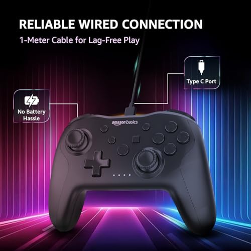 Image of Amazon Basics USB Gamepad with Turbo Mode | Dual Vibration | PS3 & PC Support | X Input & Direct Input | Wired Controller with Ergonomic Design | 1m Cable | Black