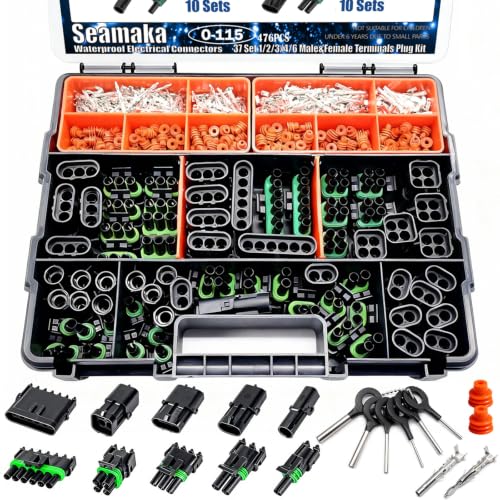 Seamaka 476Pcs 37 Kits Waterproof Automotive Electrical Connectors 1/2/3/4/6 Male&Female Automotive Replacement Electrical Accessories 22-14AWG with Ratchet Crimping Tool