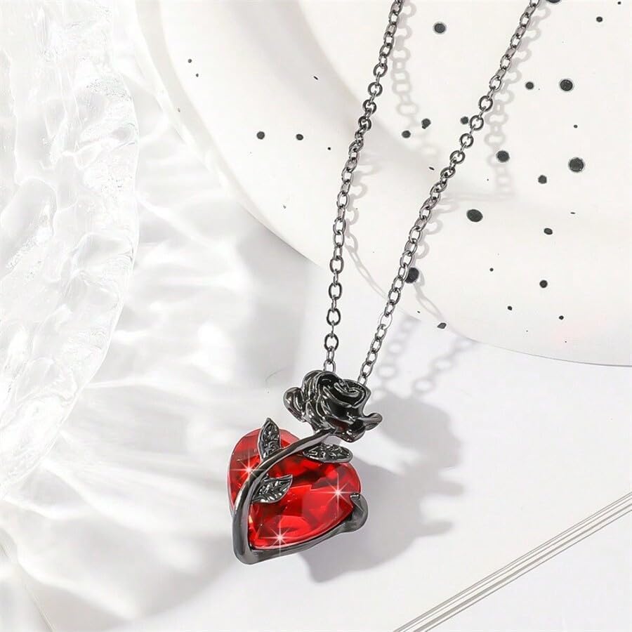 Necklaces for Women Gothic Rose Red Heart Pendant Necklace Dainty Charm Necklace Trendy Non-Tarnish Ideal Jewelry Gift for Women - Image 2