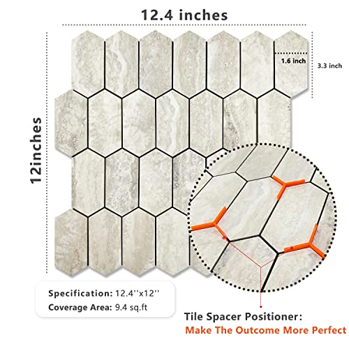 Vamos Tile Long Hexagon Peel And Stick Backsplash Tile - 10 Sheets Stick On Backsplash For Kitchen And Bathroom 12.4 X 12 Inch Beige Slate Look Pvc Mixed Metal Silver Self Adhesive Mosaic Wall Tiles #TOP4