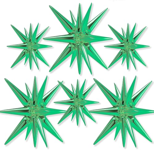 Image of PartyWoo Green Star Spike Balloons 6pcs Explosion Foil Mylar Balloons | 27 22 Inch for Birthday Baby Shower Wedding Graduation Woodland Dinosaur Jungle Theme Bridal Shower Party Decorations