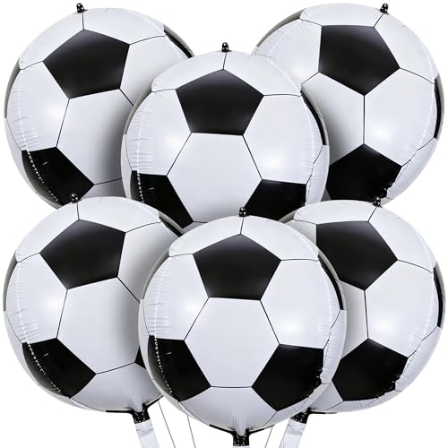 6 Pcs Soccer Balloons, 22 Inch Large Round 4D Foil Mylar Football Balloons