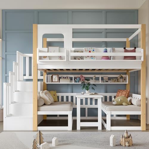 Raeln Litera de Estilo Moderno como Cama Alta con Superior e Inferior de 90x200 cmen Madera Maciza con Mesa Plegable y Escalera para la Habitacion de los Adolescentes de casa