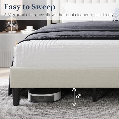 Image of Yaheetech King Bed Frame with Headboard, Ivory Channel-Tufted Platform