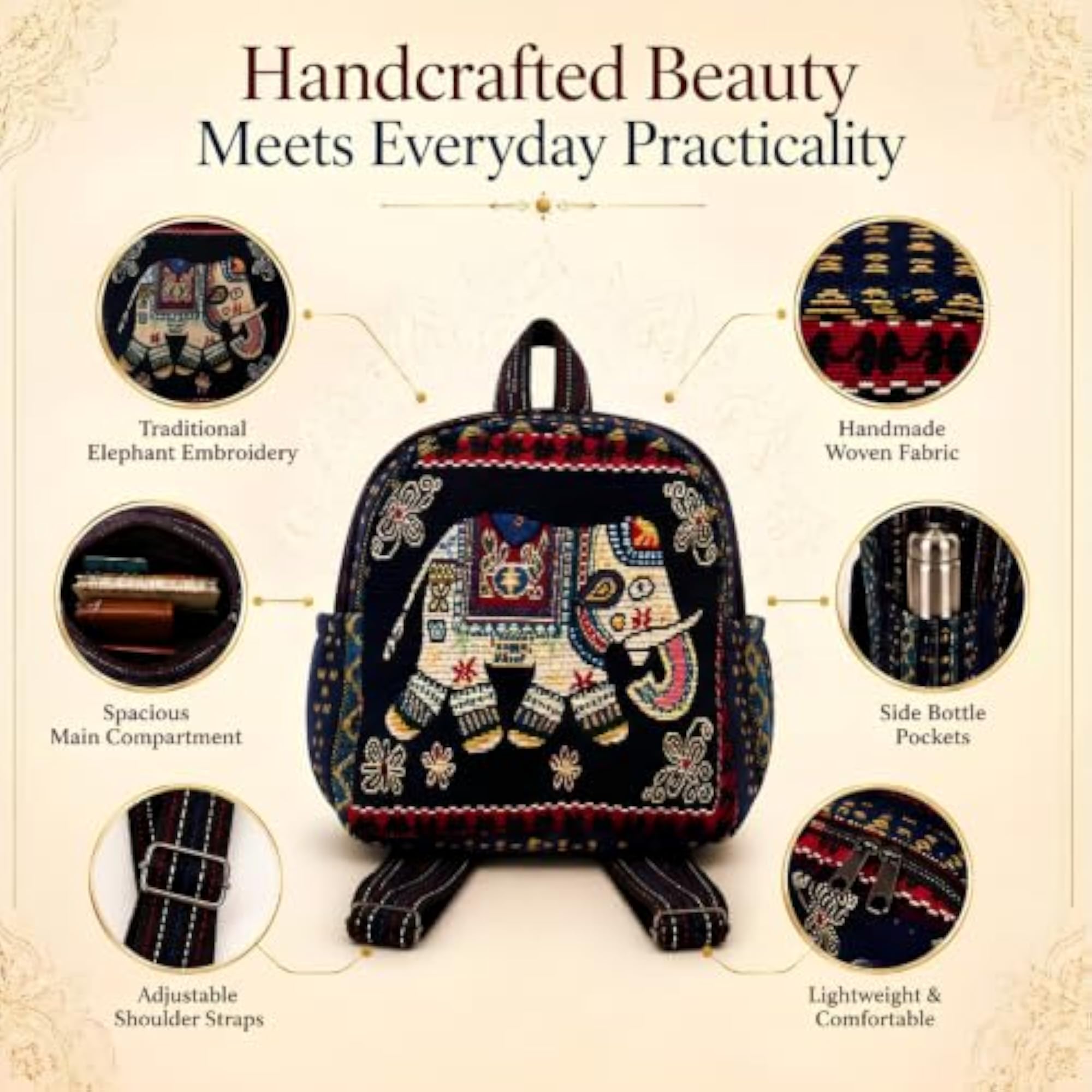 Ethnic Embroidered Backpack for Women, Elephant Design