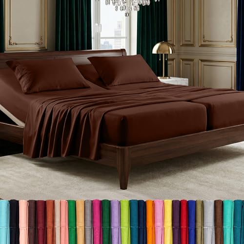 Image of Elegant Comfort Luxurious 1500 Premium Hotel Quality Microfiber Three Line Embroidered Softest 5-Piece Bed Sheet Set, Wrinkle and Fade Resistant, Split King, Chocolate Brown