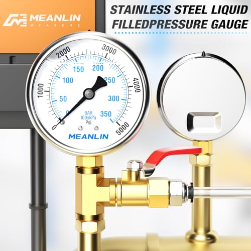 Image of MEANLIN MEASURE 0~5000Psi Liquid Filled Pressure Gauge 1 /4 inch NPT 2.5 inch FACE DIAL Stainless Steel Glycerin Filled WOG Water Oil Air Lower Mount (with 2PCS Snaps)
