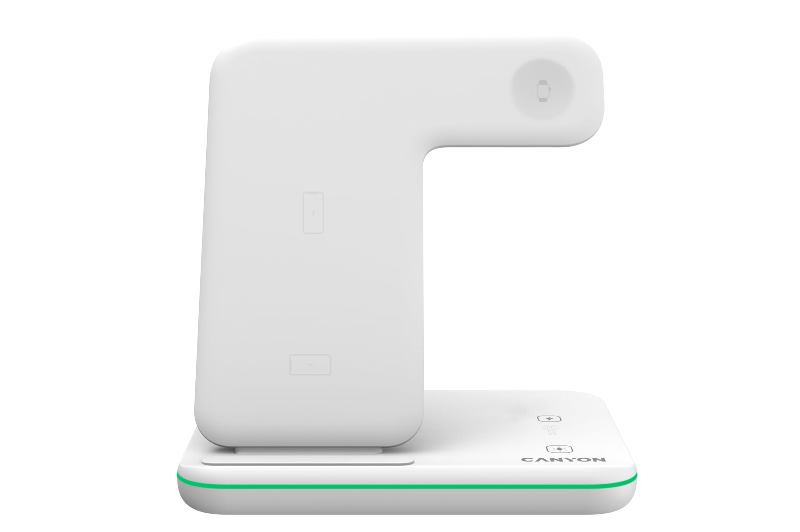 CANYON Caricatore Wireless 3 in 1 Base Ricarica iPhone Apple Watch Airpods Stazione Ricarica Apple compatibile con Dispositivi Qi Adattatore 18W, Controllo Touch con Retroilluminazione Bianca