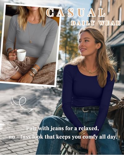 Neer 4 Pack Women's Long Sleeve Shirts Scoop Neck Cotton Slim Fit Tops Stretchy Casual Base Layer Tee Fall3