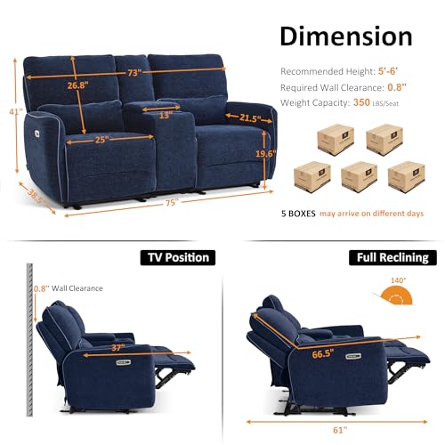 Image of MCombo 75 in Wall Hugger Loveseat with Console, RV Sofa 6926 (Blue)