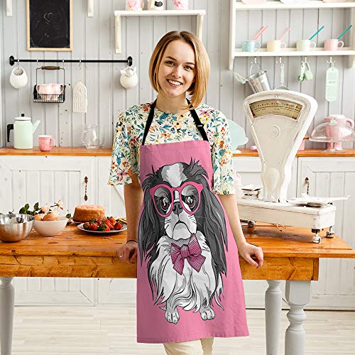 Hgod Designs Chin Dog Kitchen Apron,Funny Cute Japanese Chin Dog In A Glasses And Tie Bib Aprons For Home Cooking Gardening Adjustable Neck For Women Men,Adult Size #TOP2