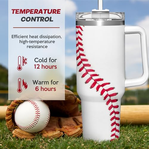 Image of Baseball Tumbler with Handle 40oz, Insulated Stainless Steel Cup with Lid & Straw, Gifts for Men, Boys, Players, Coaches, Sports Lovers, Christmas, Birthday