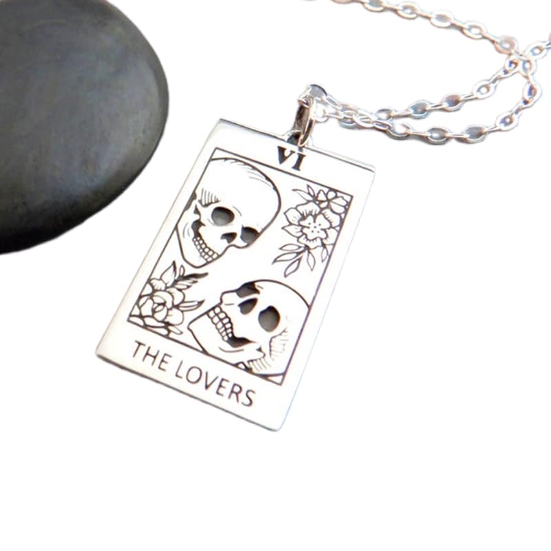 Collier tarot en argent 925 gravé de crâne et rose mystique avec chaîne