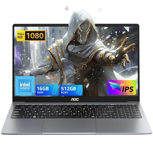 AOC Ordenador Portatil con In-Tel N97 (hasta 3,6 GHz), 16GB DDR4 512GB SSD Expansión 2TB Laptop, Computadora WiFi/BT5.1, USB3.2, HDMI,Tipo C,1080P Portátil Versión Profesionales (15,6 Pulgada)