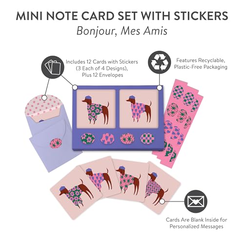 Image of Studio Oh! Bonjour Mes Amis Blank Note Card Set with Envelopes and Stickers 12 Pack Assorted Greeting Cards, 260 GSM Textured Paper Stationery for Thank You Cards, Birthday Cards, Gift Card Envelopes