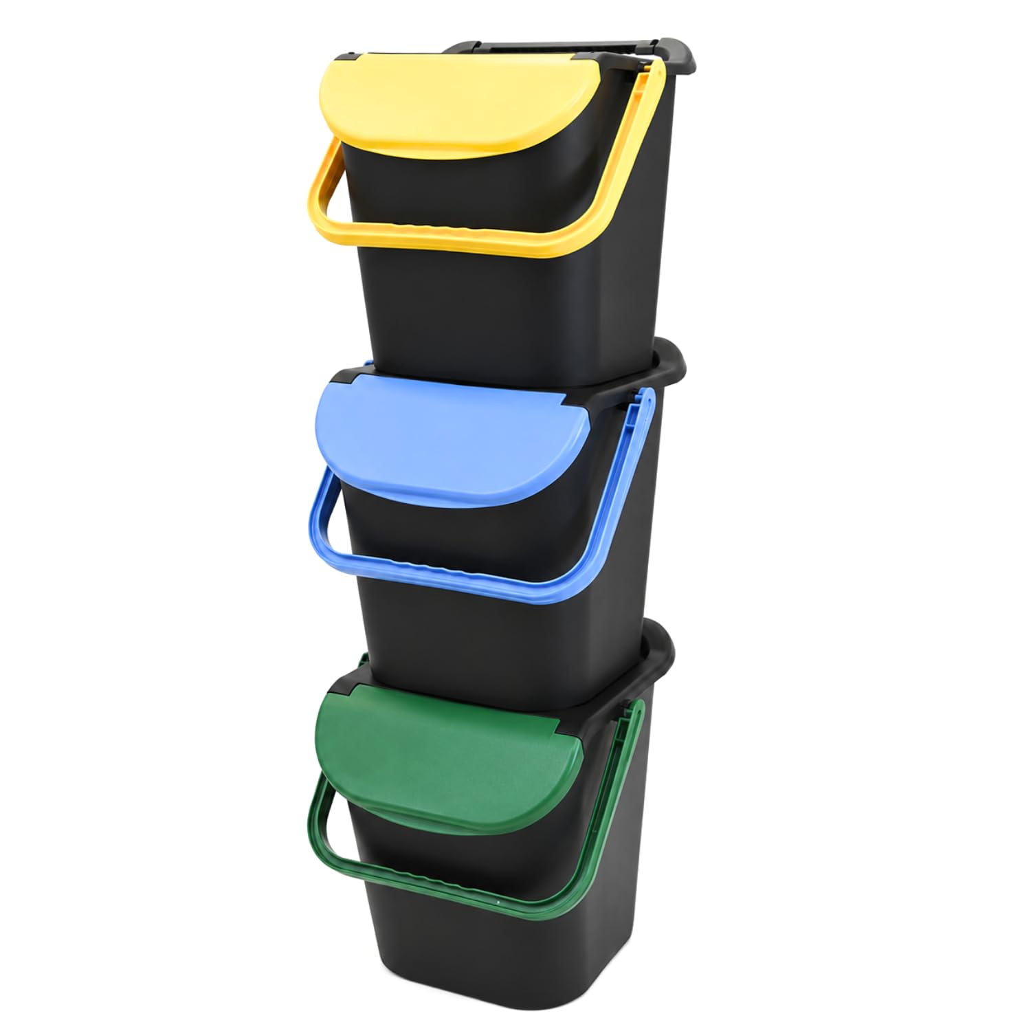 PALUPLUS Set 3 Pattumiere a Torre per Raccolta Differenziata, misura 40x40x44 cm, Capacità 30 Litri, Bidoncini Spazzatura Salvaspazio Impilabili, 2 Maniglie, Colori Giallo, Verde e Azzurro -1587F