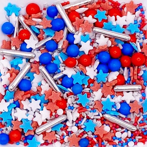 Sprinkletti - Stars and Stripes- 100g Cake Topper Sprinkles - Chocoballs, Rods, Balls, Strands And Sugar Star Shapes - Edible Cake Decorations - Birthday Cake Sprinkles