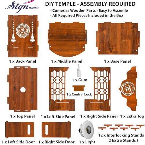 Image of SIGNAMIO Mandir for Home with LED Light | Wooden MDF Puja Mandir | Wall Mounted Temple | Home Temple with Storage Drawer | Decorative Wooden Temple for Living Room & Prayer Room