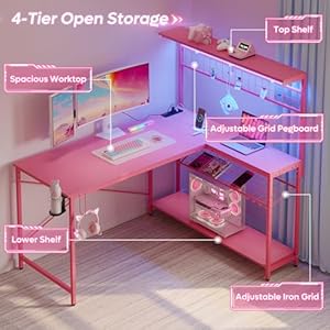 Bestier Gaming Desk 51" L-Shaped, with Power Outlets & LED Lights- 4 Tier Shelves, Reversible Gamer Table with Hooks & Cup Holder for Home Office Carbon Fiber Pink Bestier Gaming Desk 51 L Shaped with Power Outlets LED Lights 4 Tier Shelves Reversible Gamer Table with Hooks Cup Holder for Home Office Carbon Fiber Pink