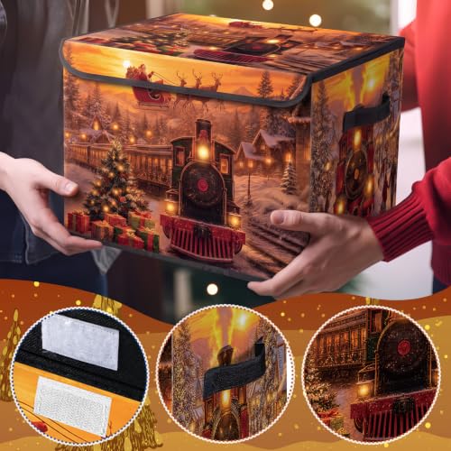 Image of Briwooody Christmas Storage Bin with Lid and Carrying Handle Christmas Train Foldable Storage Box Large Xmas Snowy Night Decorative Collapsible Container Basket for Organizing Closet Home Bedroom