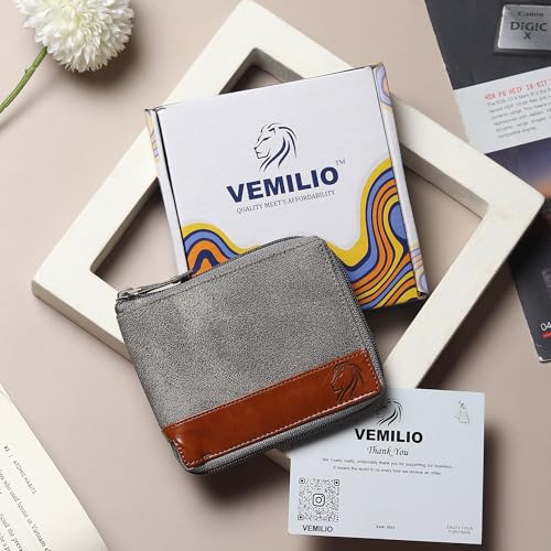 Image of VEMILIO Denim Chain Wallet for Men & Women- Rounded Design with 5 Card Slots | 2 Secret Compartments | 2 Cash Pockets | Zipper Coin Pocket (Grey)