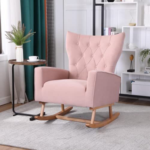 Image of Ochangqi Nursery Rocking Chair Velvet Upholstered Accent Rocking Chair, Padded Seat with High Backrest Armchair Comfy Side Chair for Living Room Bedroom Offices (Pink)