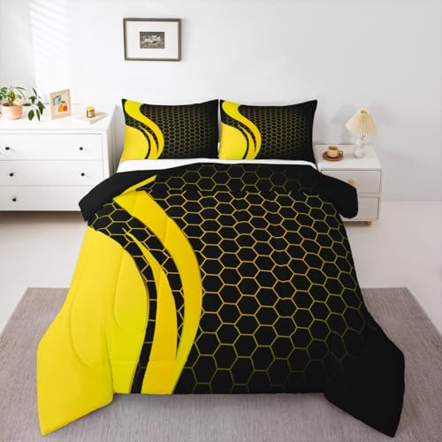 Geometry Bedding Set Geometry Honeycomb Comforter Set for Kids Boys Girls Teens Hexagonal Geometrical Yellow Black Comforter Beehive Duvet Set King Size Boys