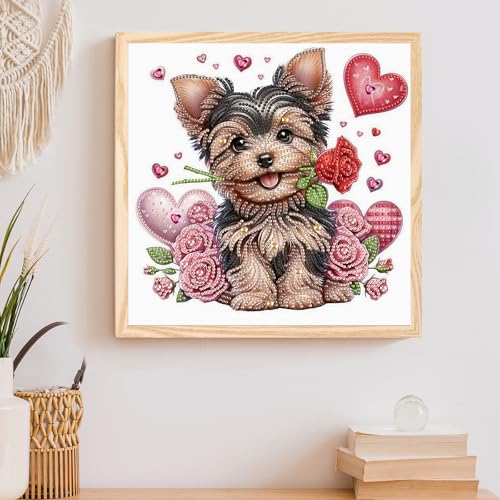 Image of AiYuanzsh 5D Special Shape Diamond Art Kits for Adults, Valentine Puppy Diamond Painting Kit with Hearts and Roses, Crystal Rhinestone Diamond Art for Wall Decor Gift, 12x12 Inch