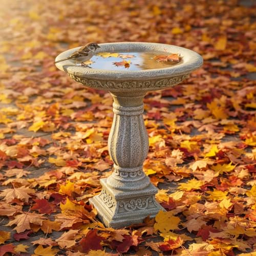 Image of SunJet 23.8 Inch High Concrete Bird Bath with Carved Pedestal - Birdbath Sturdy & Elegant Design, Stone-Like Texture, Attracts Birds and Enhances Garden, Patio, Yard, Lawn Decor