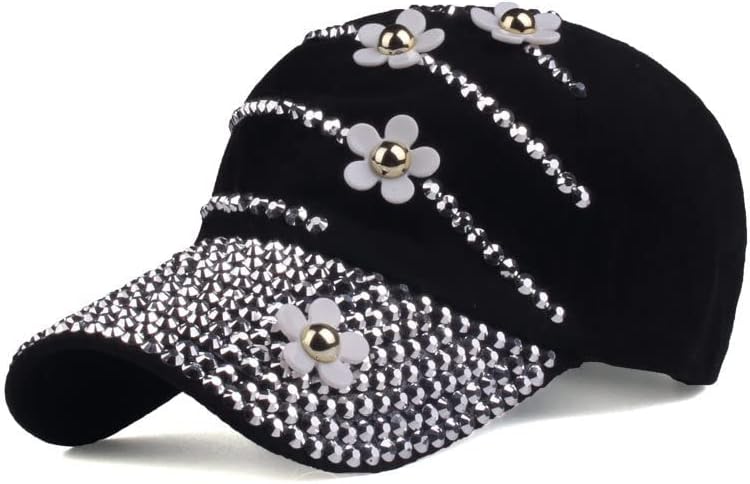 LUCKYBUNNY Women Bling Baseball Cap with Flower, Vintage Adjustable Low-Profile Dad Hat Sport Strapback Caps for Ladies