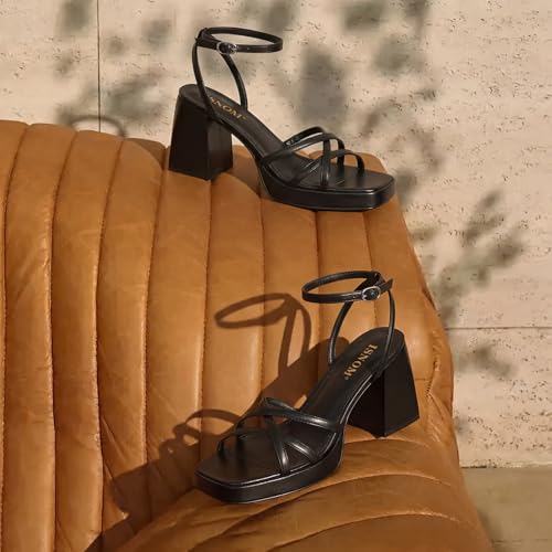 Image of ISNOM Platform Heels for Women Block Chunky Sandals Strappy Ankle Strap | Platform Heels with Square Toe and Ankle Strap. Comfortable Chunky Sandals for Weddings, Parties, and Daily Wear