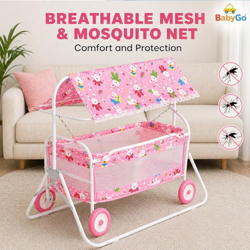 Image of BabyGo Baby Cradle with Swing, Mosquito Net & Canopy | 0-12 Months | Foldable 2-in-1 Rocking Cradle Cot with 4 Wheels & Brake | Soft Bed | Metal Frame | Pink (Large)