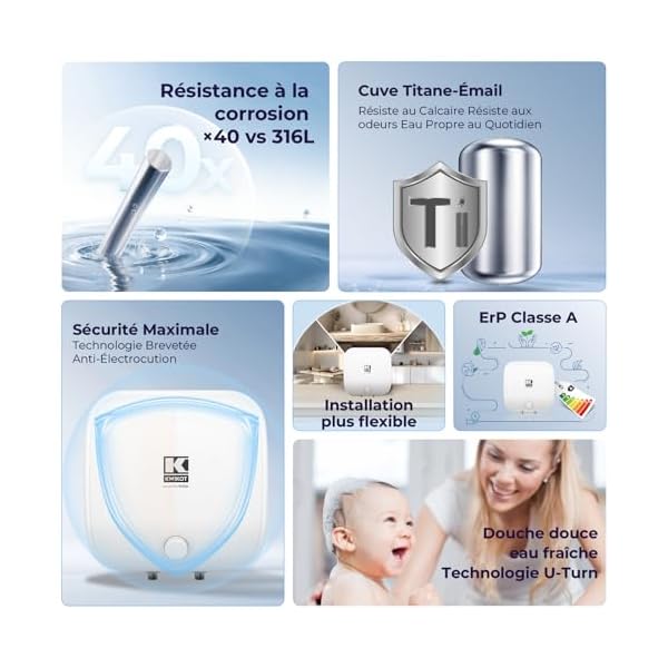 EffiCube Chauffe-eau Électrique Sur Évier 15L Anti-calcaire 1500W | Ballon Eau Chaud Cuve émaillée, résistant eaux dures, thermostat réglable, compact, cuisine, salle de bain, lavabo, Classe A